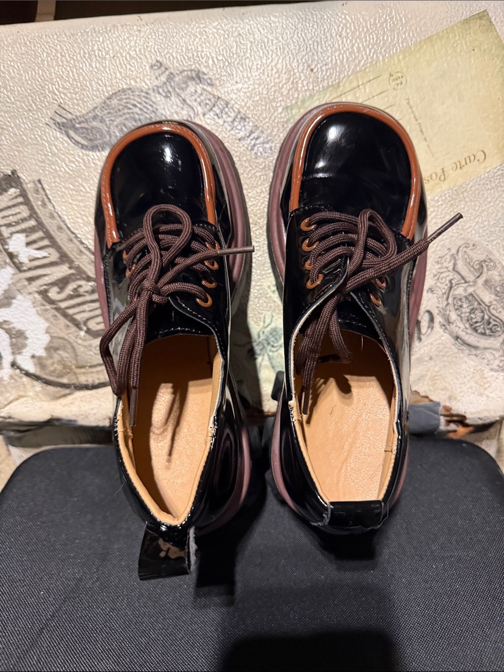 SHEIN Black Patent Lace-Up Platform Boots with Brown Trim